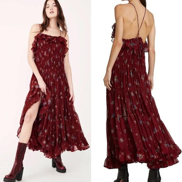 Free People Dresses & Skirts - Free People Cloud Nine Floral Boho Coquette Ruffle Maxi Dress in Berry Combo - S